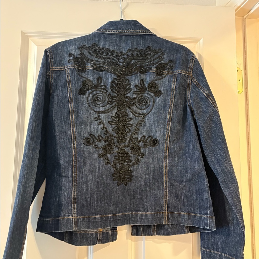 Chico's Blue and Black Embroidered Jean Jacket - Picture 2 of 5